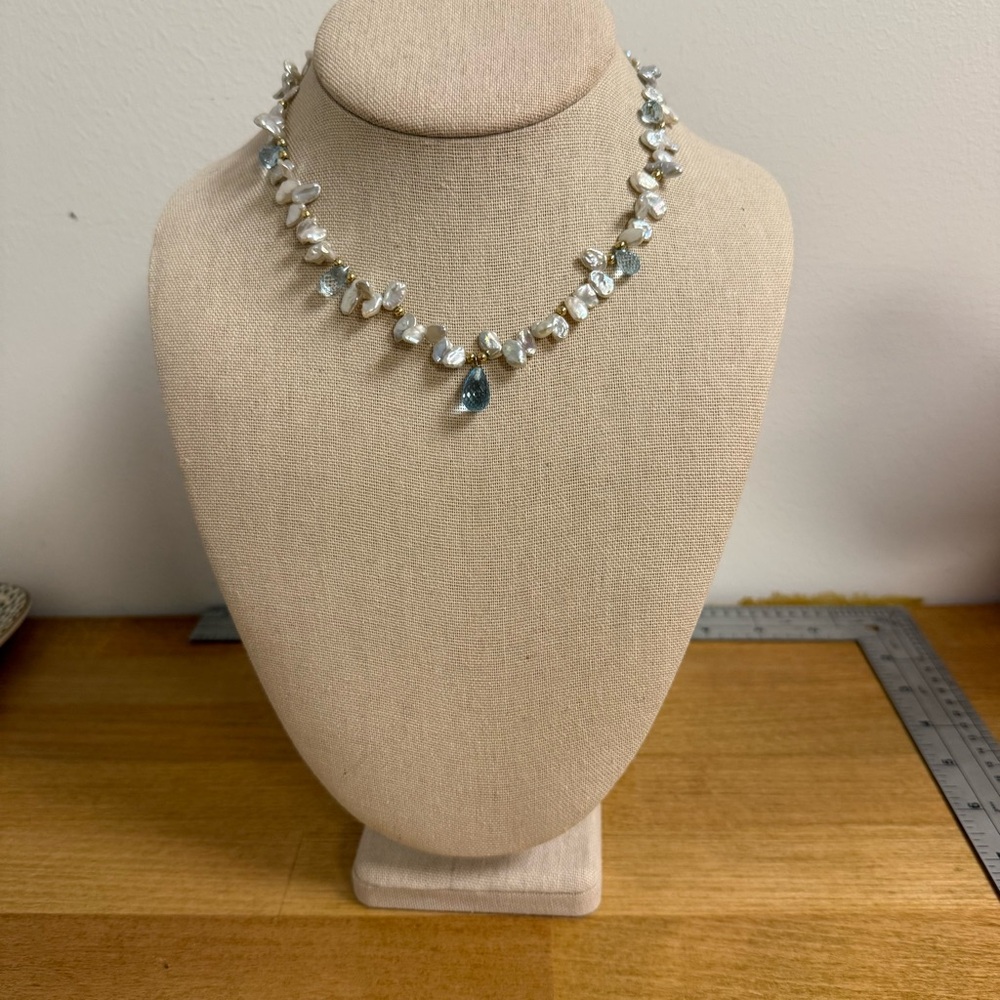 Blue topaz and pearl with 14k gold collar choker necklace